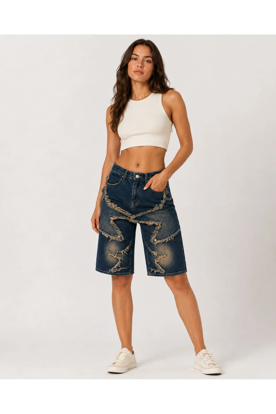 Lacivert Taşlamalı Star Vintage Y2K Unisex Baggy Şort