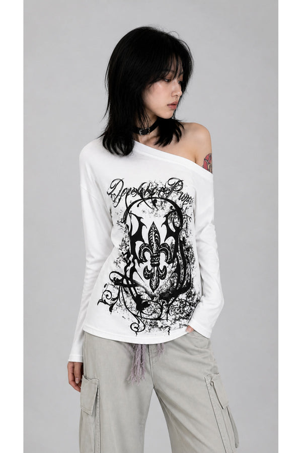 Beyaz Abstract Pattern Gotik Y2K Uzun Kollu Off - Shoulder T-Shirt - None Wear