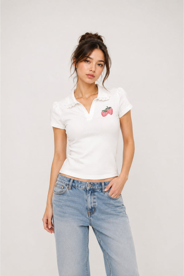 Beyaz Strawberry Dantel Yaka Detaylı Y2K Kısa Kollu Crop - None Wear