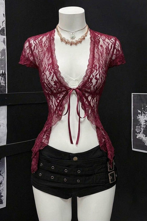 Bordo Dantelli Bağlamalı Bolero Y2K Kısa Kollu Crop - None Wear