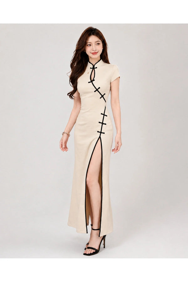 Ekru Mandarin Yaka Siyah Şeritli Qipao Y2K Elbise - None Wear