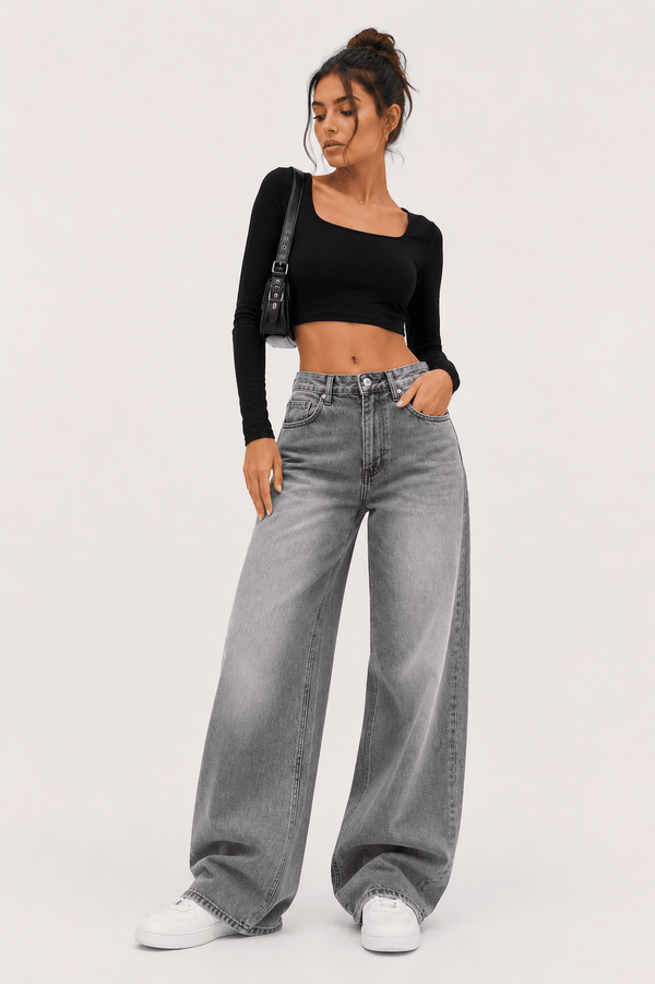 Gri Baggy Salaş Cepli Bol Kesim Kot Pantolon - None Wear
