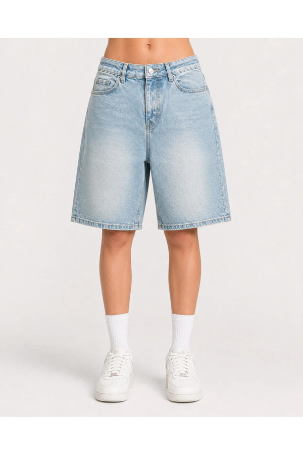 Mavi Taşlamalı MZKD Spider Y2K Baggy Unisex Şort - None Wear