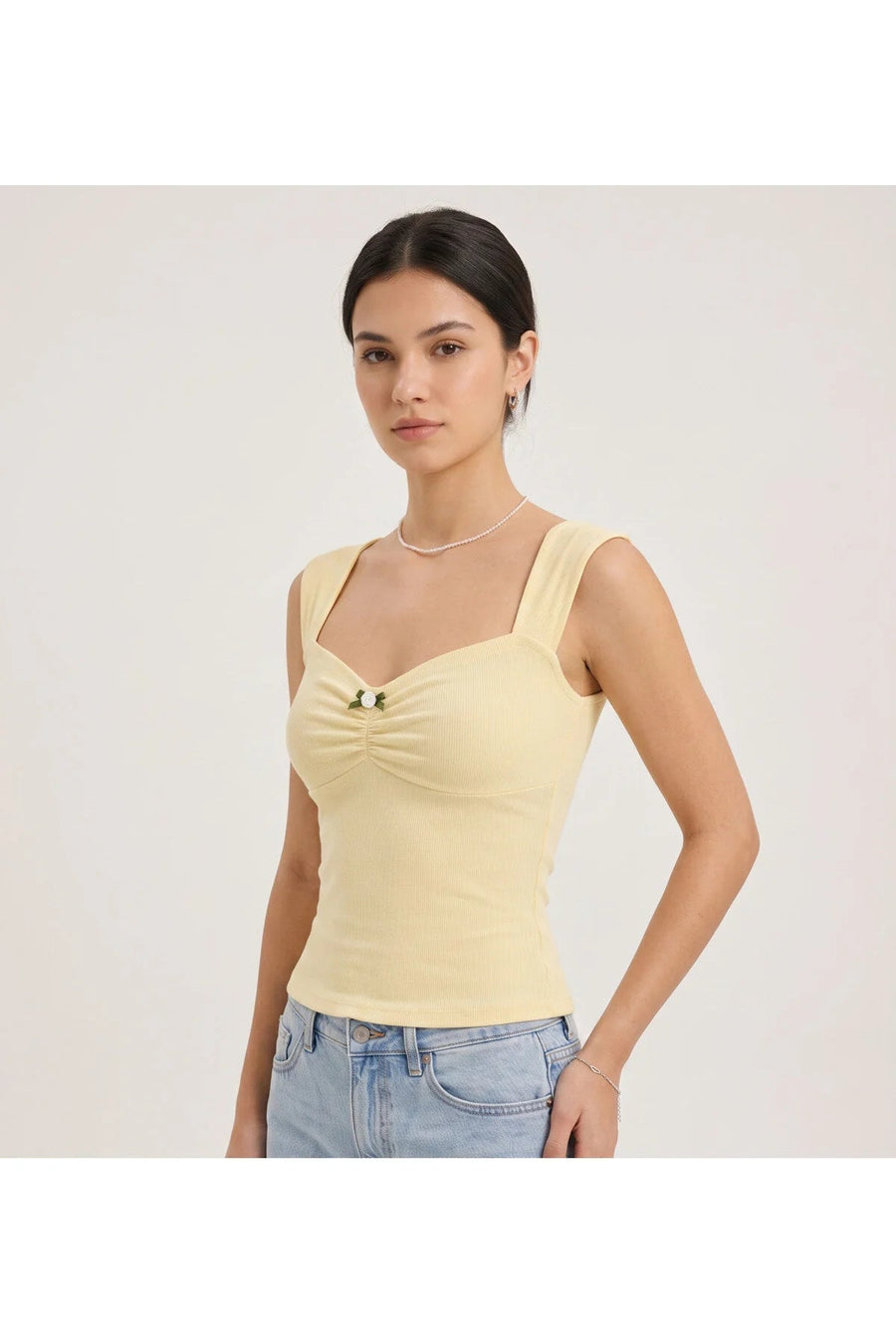 Sarı Coquette Fiyonk Gül Detaylı Y2K Kısa Kollu Crop - None Wear