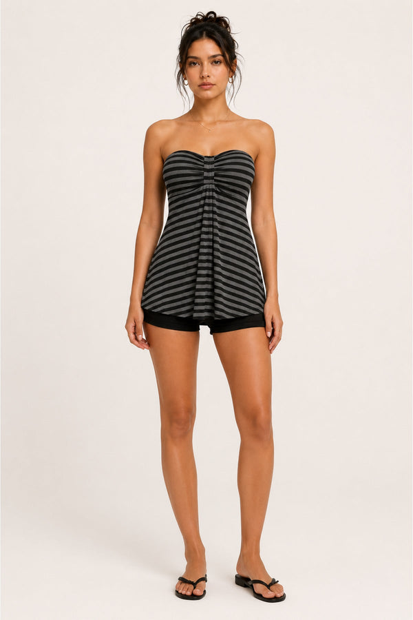 Siyah Antrasit Çizgili Twist Y2K Straplez Crop - None Wear
