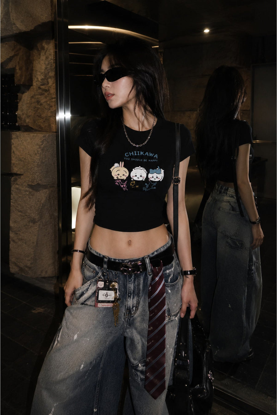 Siyah Chiikawa ''You Should Be Happy'' Y2K Kısa Kollu Crop - None Wear
