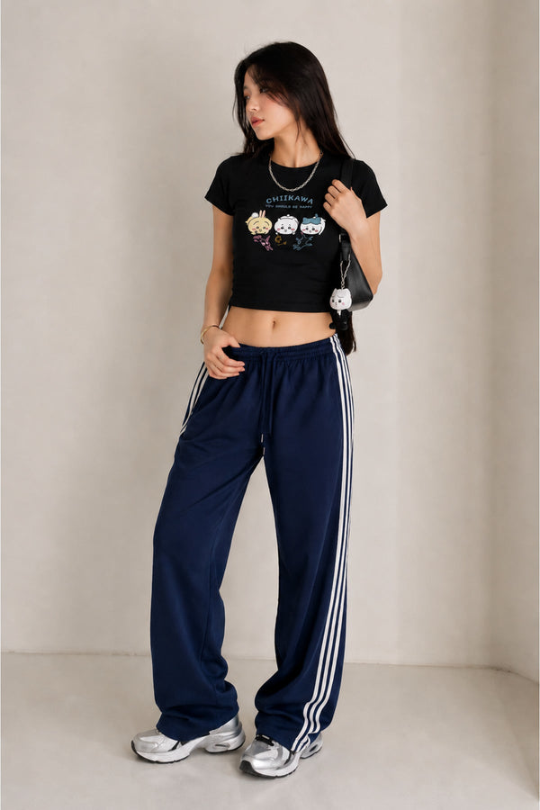 Siyah Chiikawa ''You Should Be Happy'' Y2K Kısa Kollu Crop - None Wear