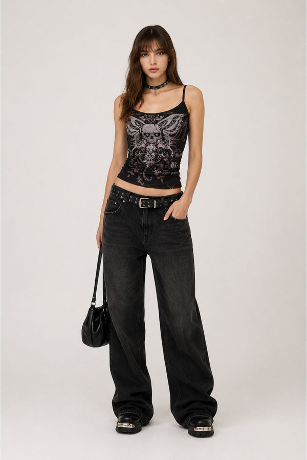 Siyah Gotik Skull Butterfly Wings Y2K Askılı Crop - None Wear