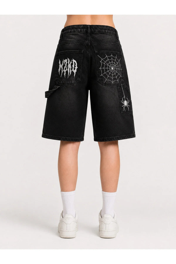 Siyah Taşlamalı Beyaz MZKD Spider Y2K Baggy Unisex Şort - None Wear