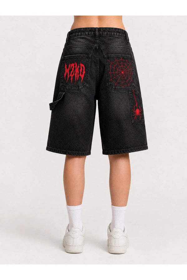 Siyah Taşlamalı kırmızı MZKD Spider Y2K Baggy Unisex Şort - None Wear
