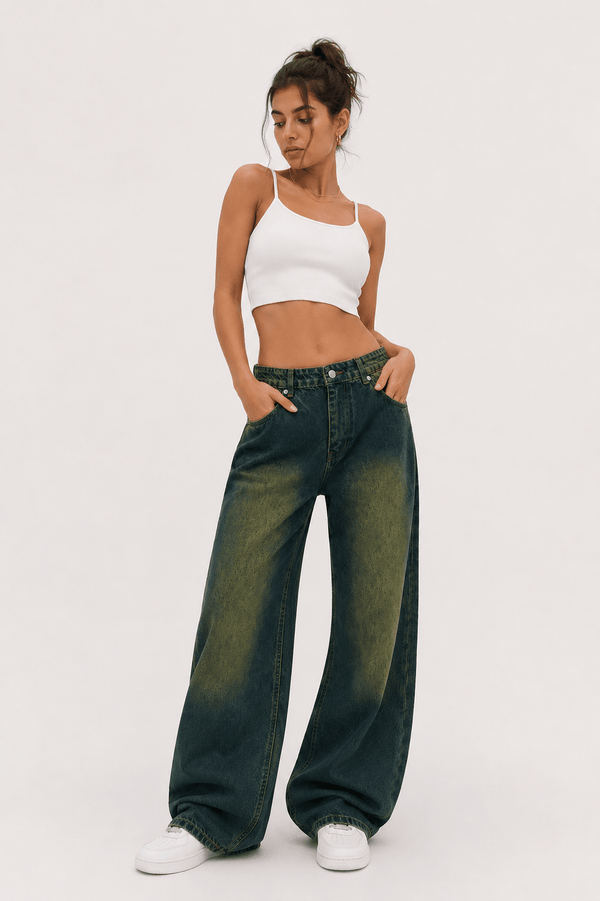 Yeşil Tint Baggy Salaş Cepli Bol Kesim Kot Pantolon - None Wear