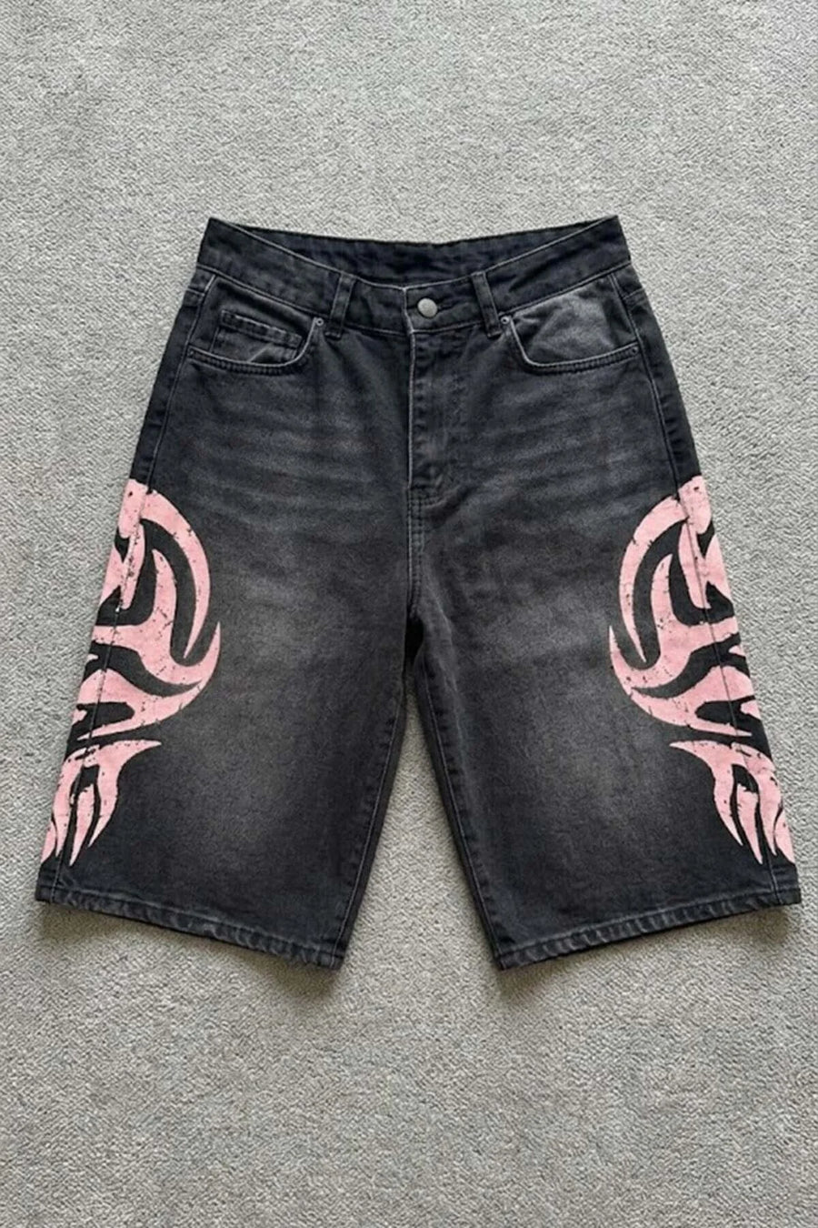 Siyah Taşlamalı Pembe Tribal Baskılı Y2K Unisex Baggy Şort