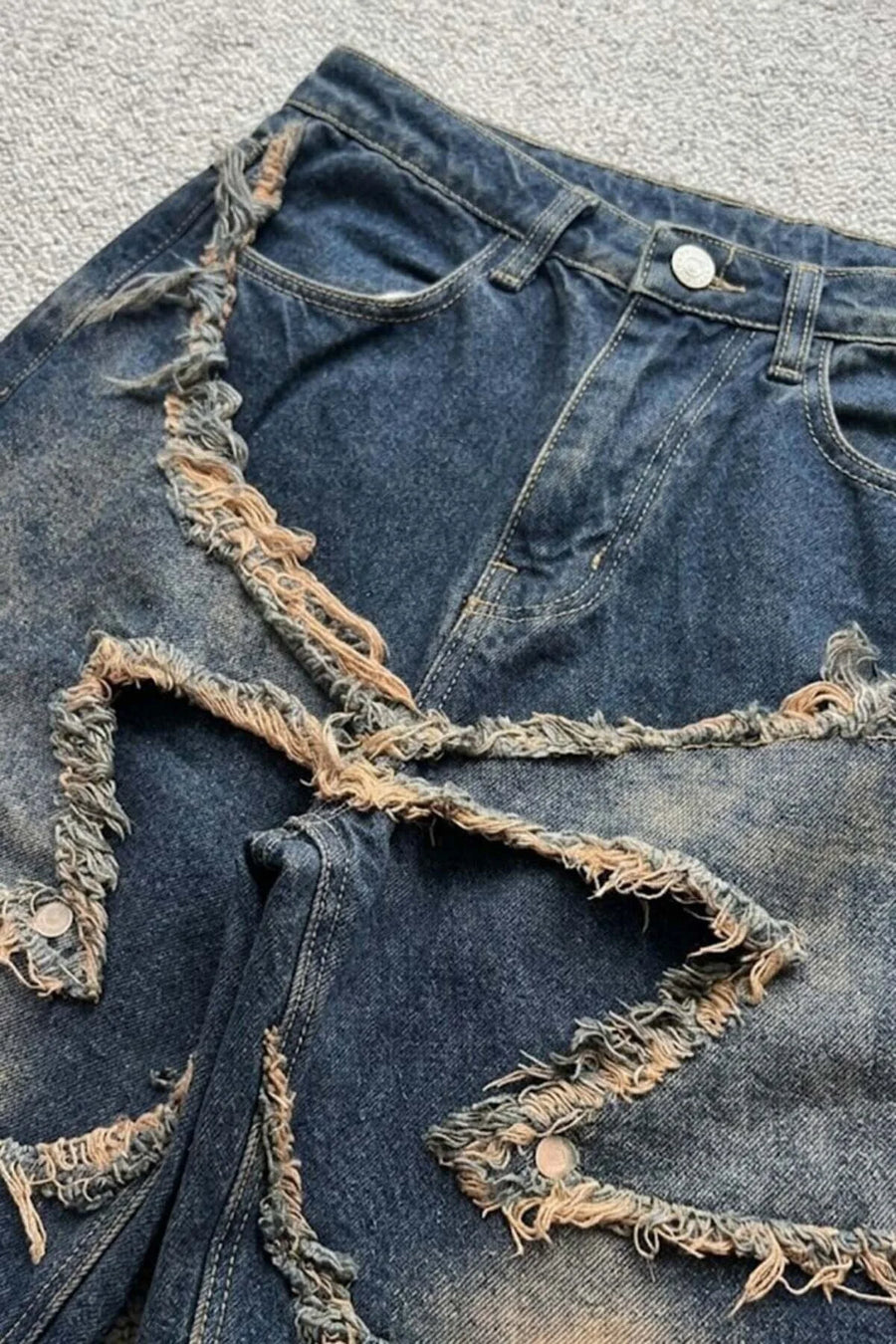 Lacivert Taşlamalı Star Vintage Y2K Unisex Baggy Şort