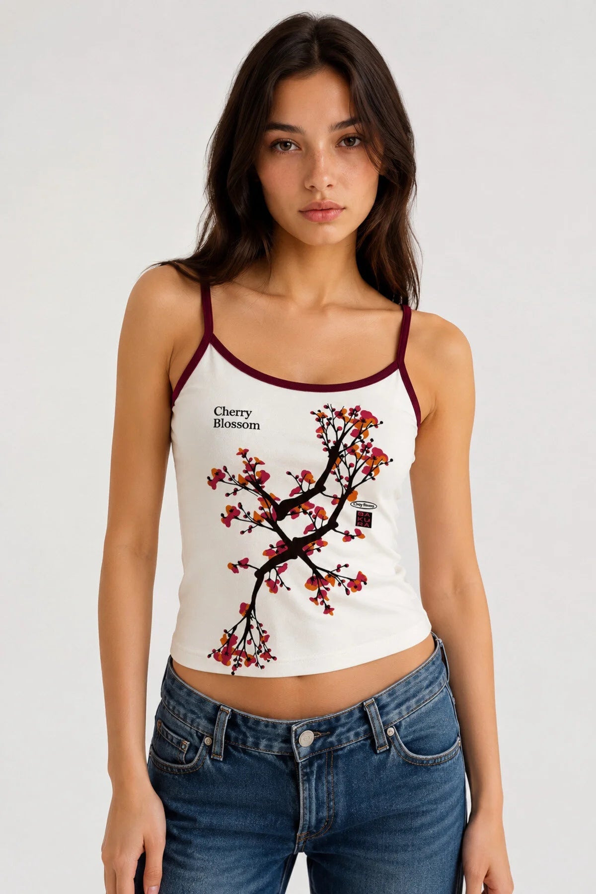 Beyaz Cherry Blossom Kırmızı Şerit Yaka Y2K Kısa Kollu Crop - None Wear