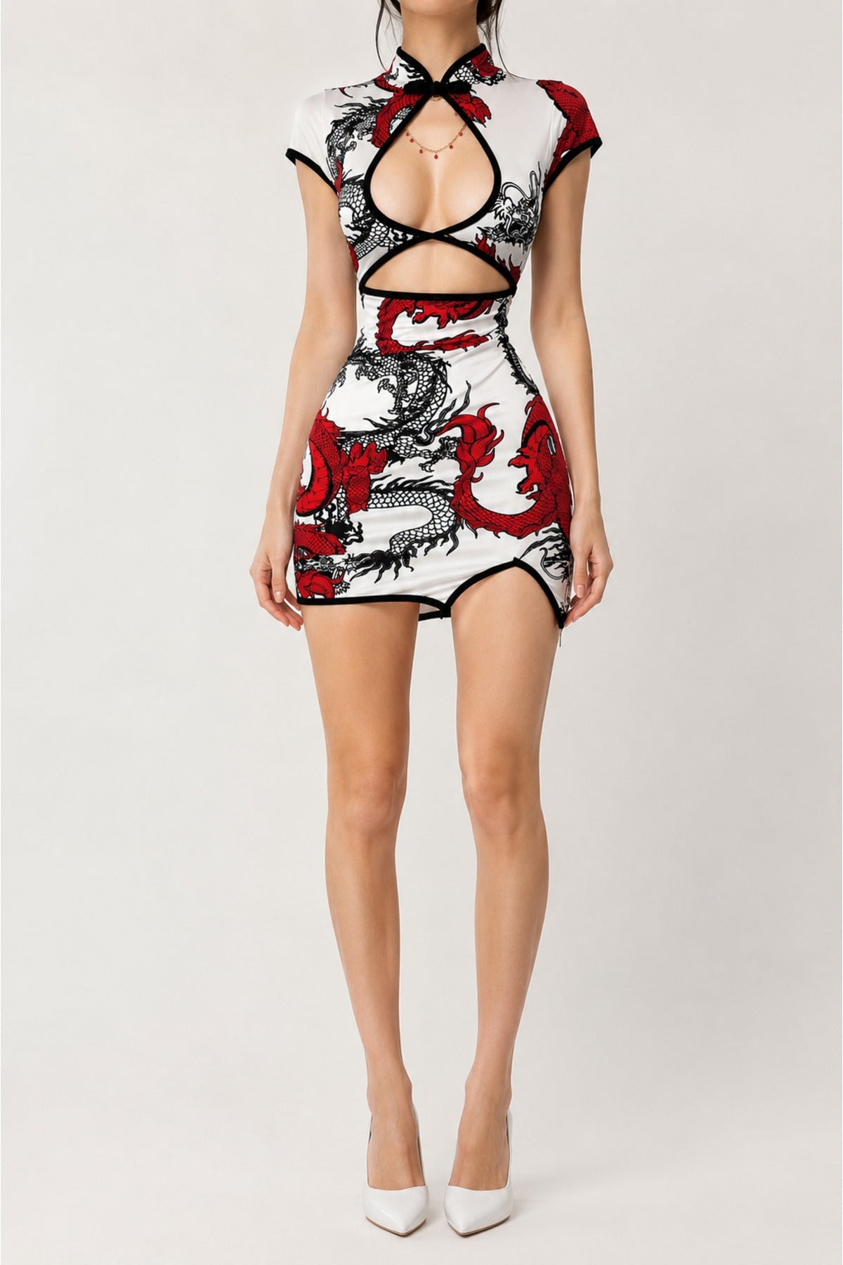 Beyaz Ejderha Motifli Pencere Detaylı Şeritli Qipao Elbise - None Wear
