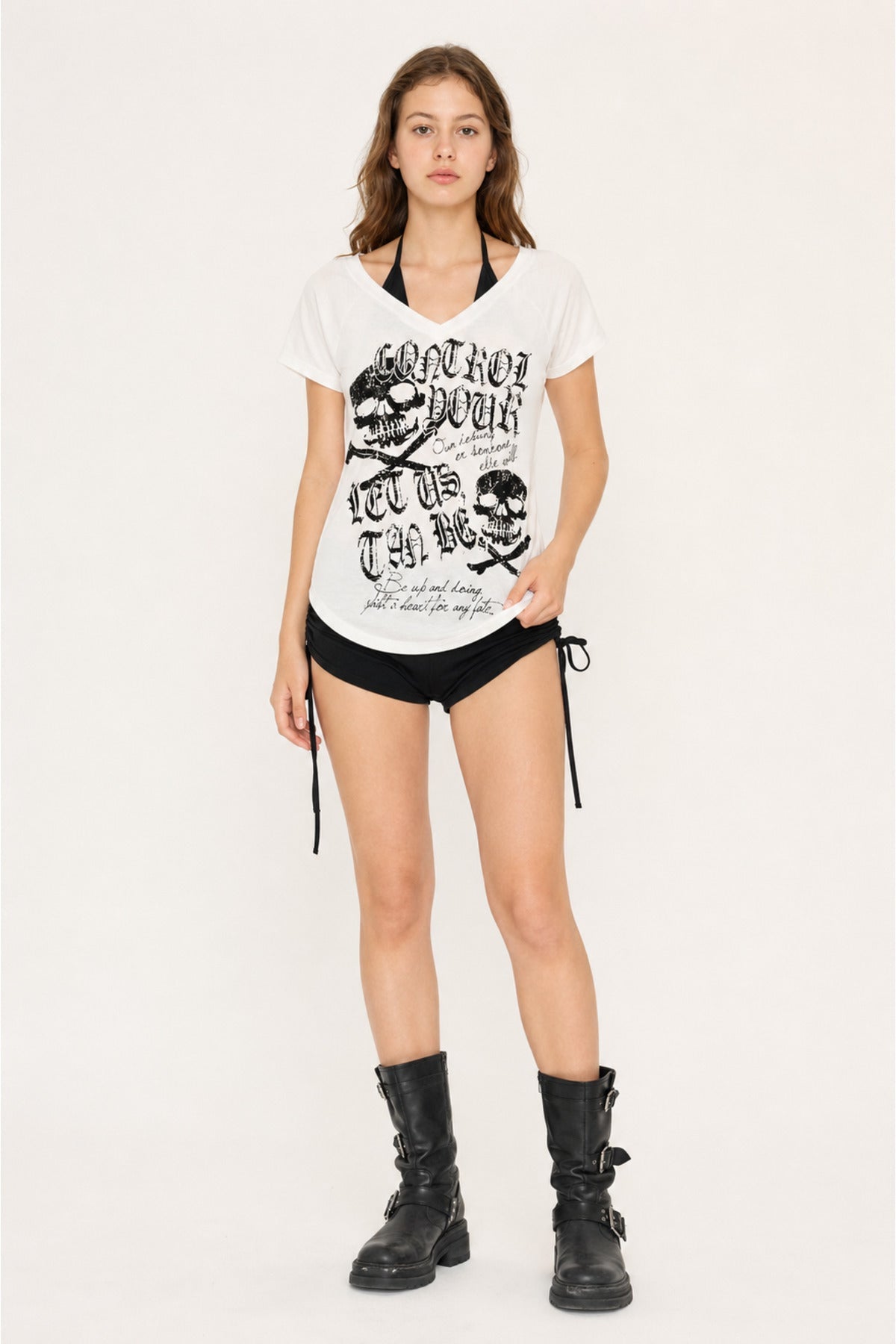Beyaz Gotik Skulls Control Ek Askılı Y2K Kısa Kollu Crop - None Wear