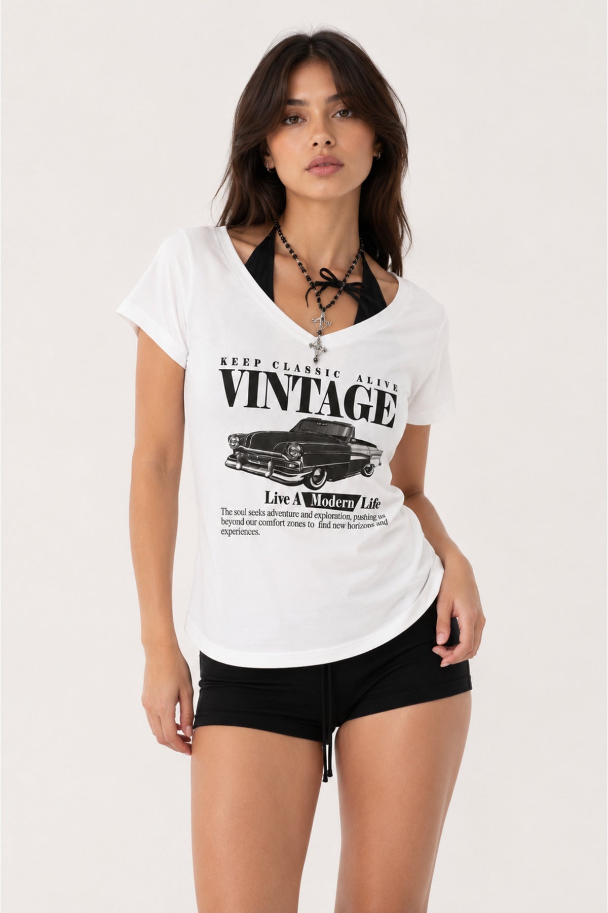 Beyaz Vintage Modern Life Ek Askılı Y2K Kısa Kollu Crop - None Wear