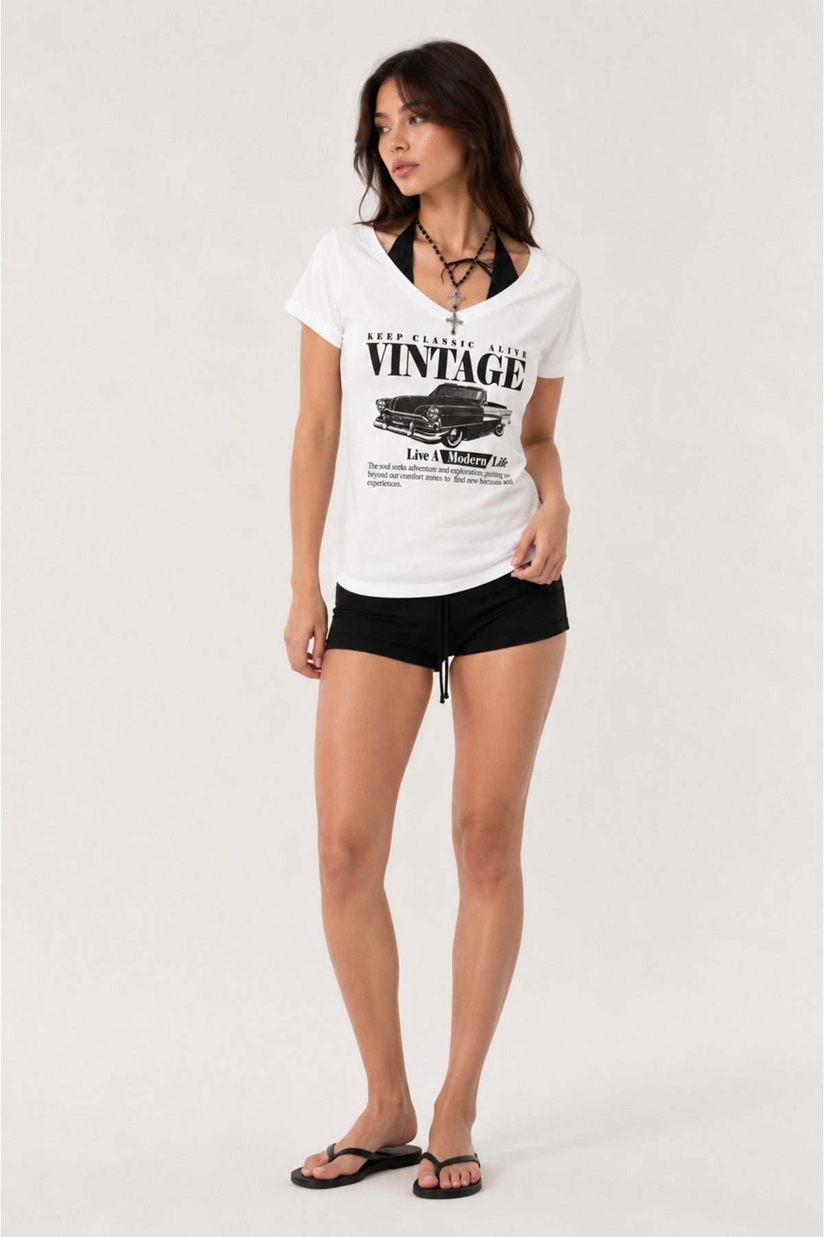 Beyaz Vintage Modern Life Ek Askılı Y2K Kısa Kollu Crop - None Wear
