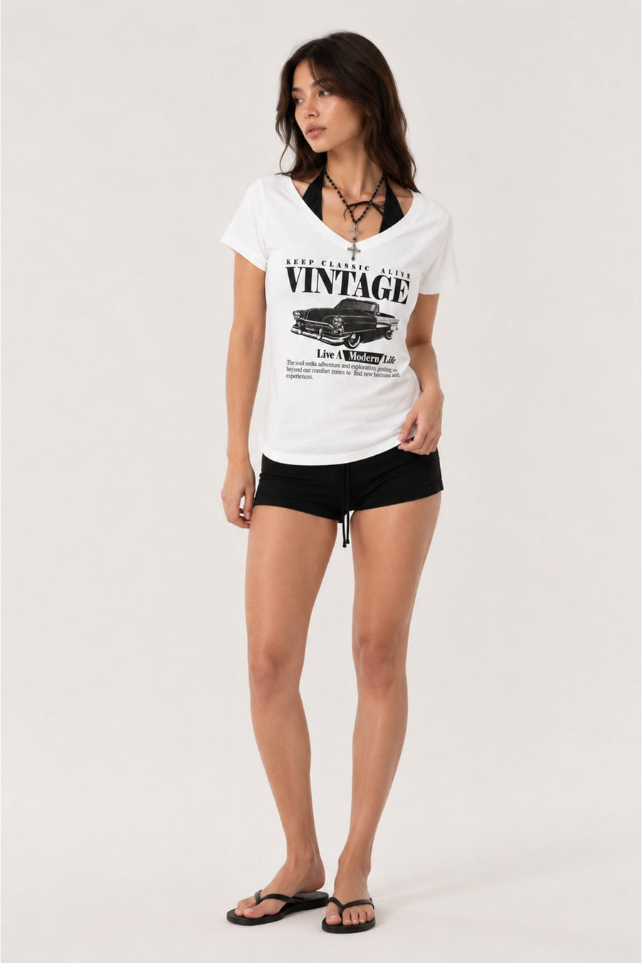Beyaz Vintage Modern Life Ek Askılı Y2K Kısa Kollu Crop - None Wear