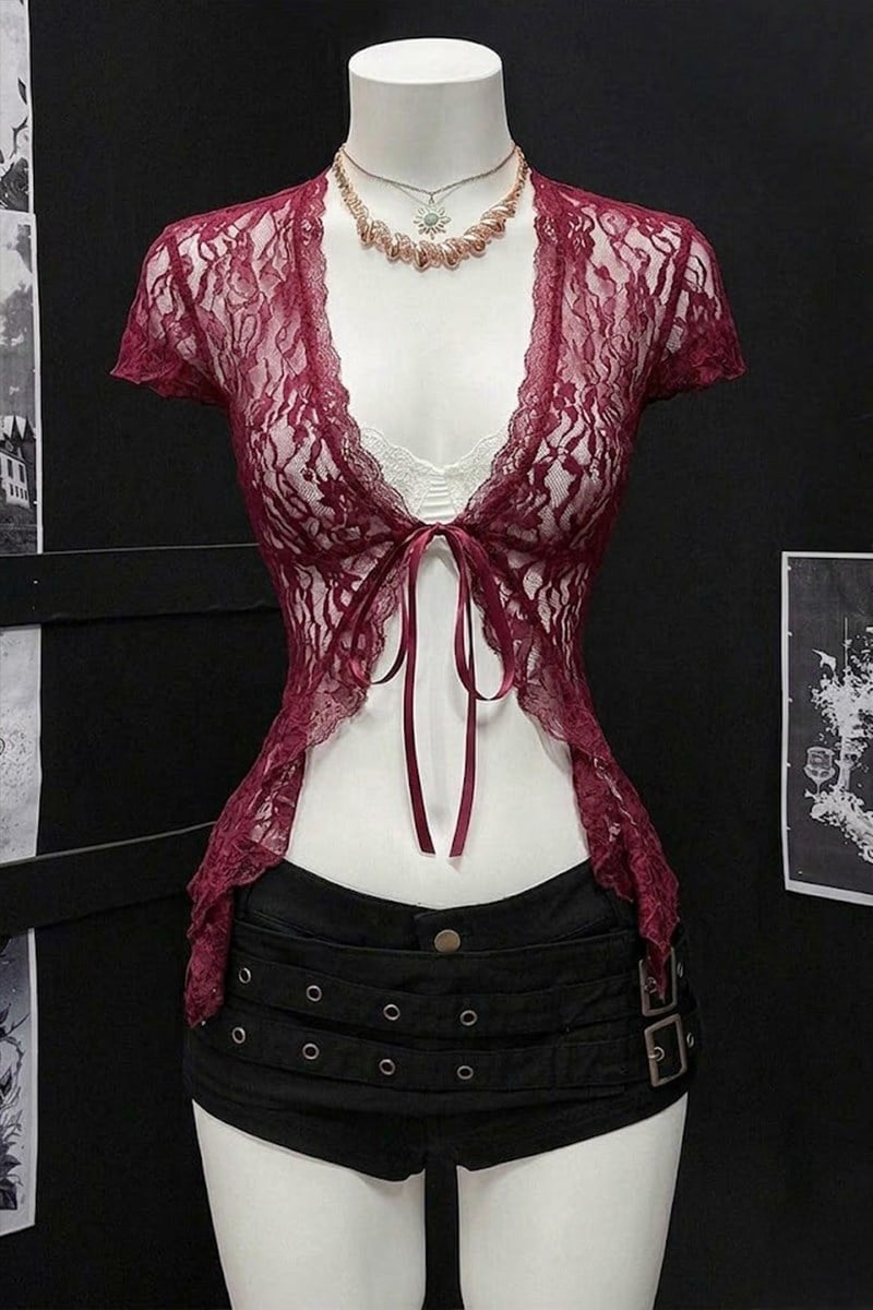 Bordo Dantelli Bağlamalı Bolero Y2K Kısa Kollu Crop - None Wear