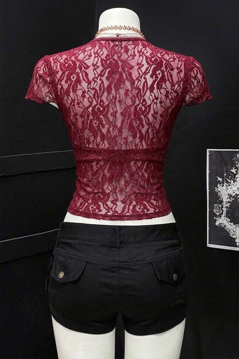 Bordo Dantelli Bağlamalı Bolero Y2K Kısa Kollu Crop - None Wear