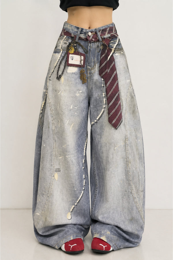Buz Mavisi Kravat Baskılı Wide Leg Unisex Baggy Pantolon - None Wear