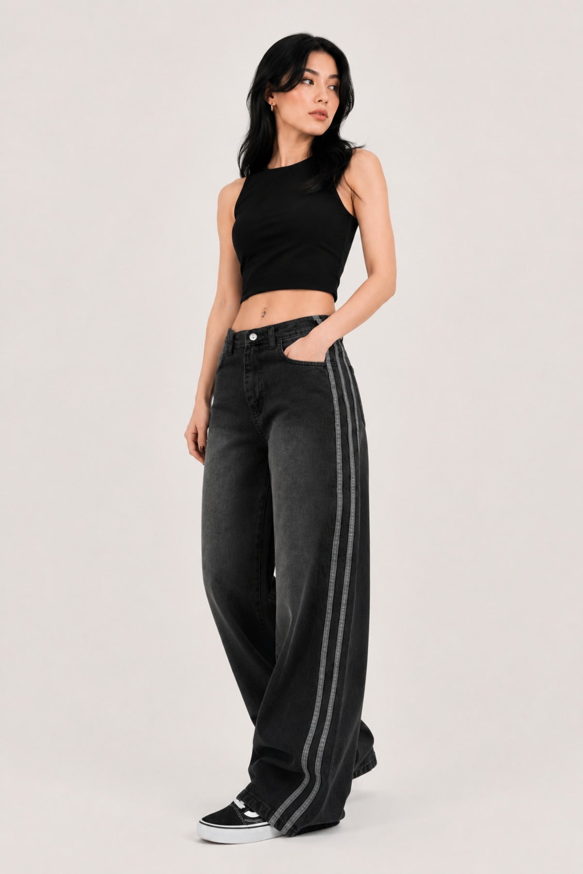 Füme Yıkamalı Yan Şerit Detaylı Baggy Jean Pantolon Y2K Wide Leg - None Wear