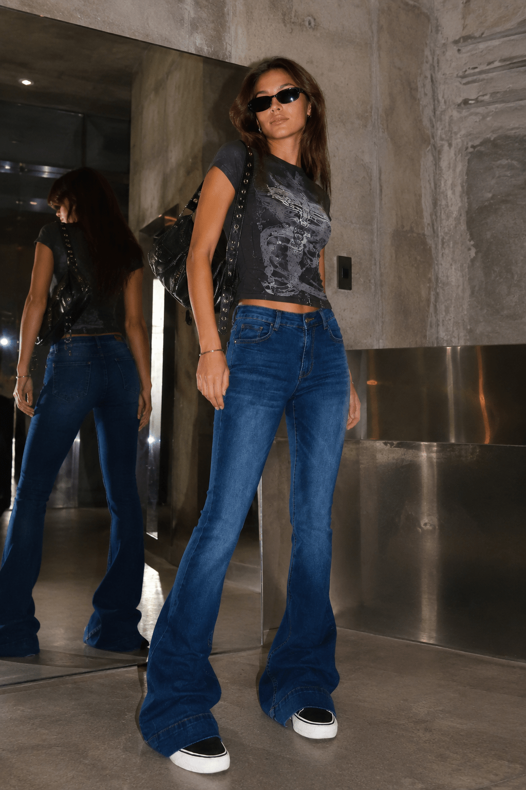 Lacivert Low Rise V Kesim Mavi İspanyol Paça Pantolon - None Wear