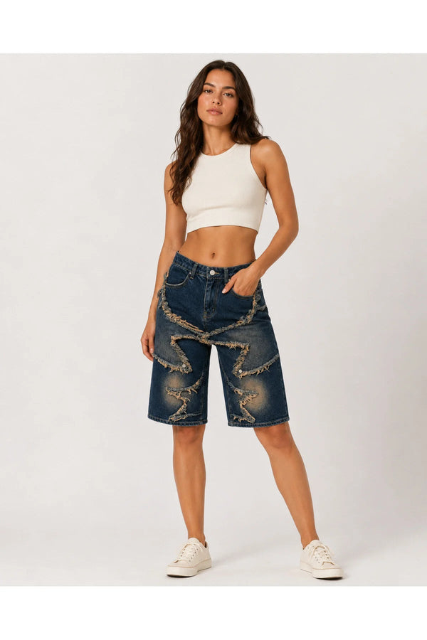 Lacivert Taşlamalı Star Vintage Y2K Unisex Baggy Şort - None Wear