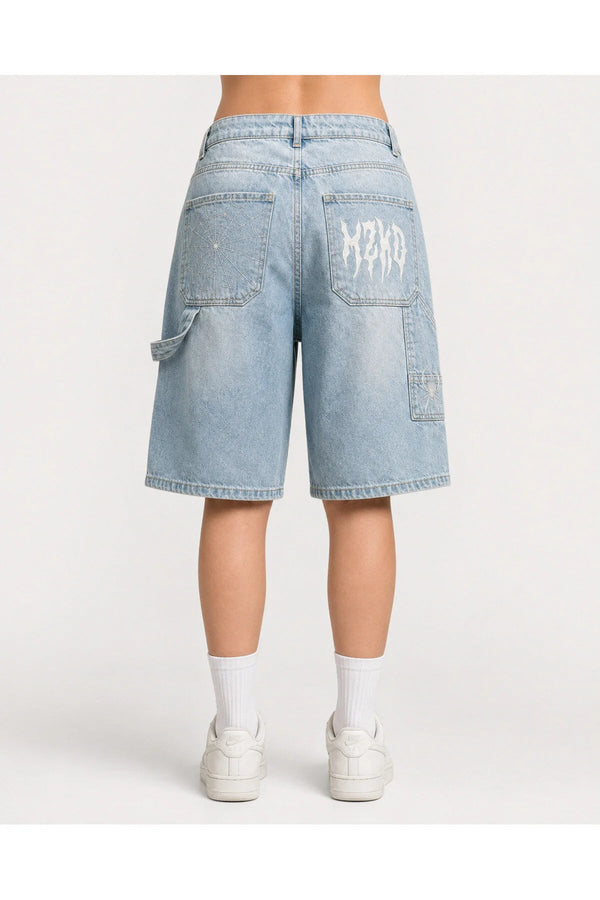 Mavi Taşlamalı MZKD Spider Y2K Baggy Unisex Şort - None Wear