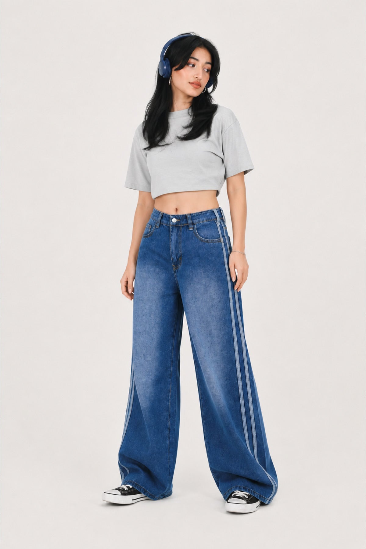 Mavi Yıkamalı Yan Şeritli Oversize Baggy Jean Y2K Wide Leg Pantolon - None Wear