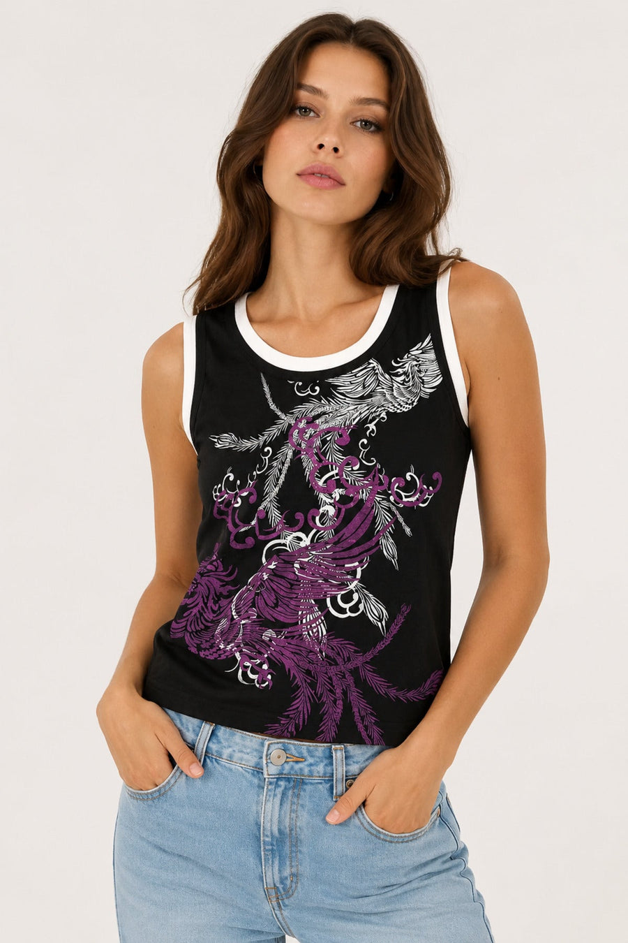 Siyah Anka Kuşu Beyaz Şeritli Y2K Askılı Crop - None Wear