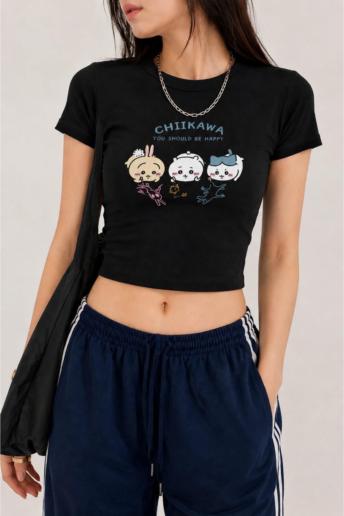 Siyah Chiikawa ''You Should Be Happy'' Y2K Kısa Kollu Crop - None Wear