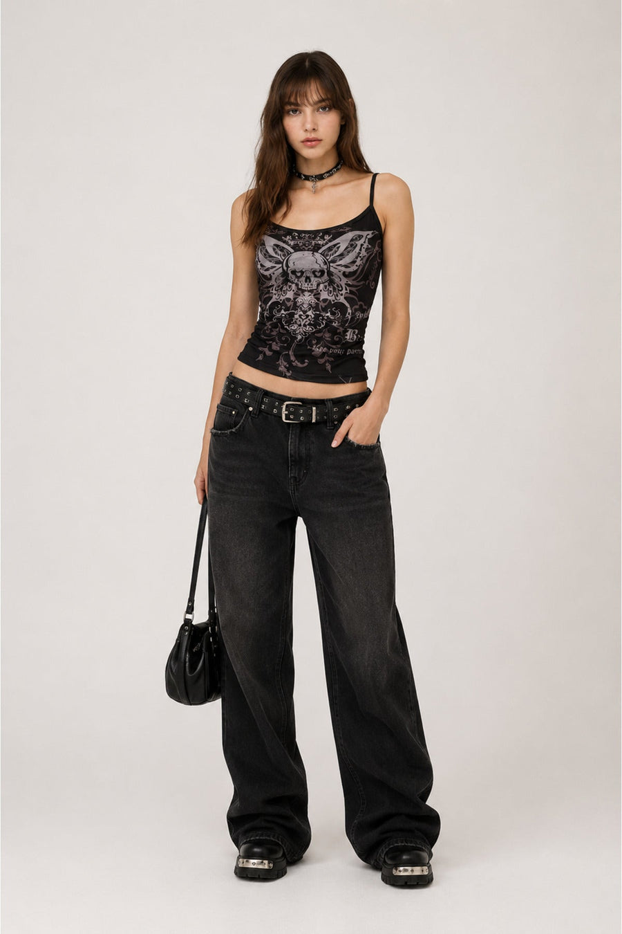 Siyah Gotik Skull Butterfly Wings Y2K Askılı Crop - None Wear