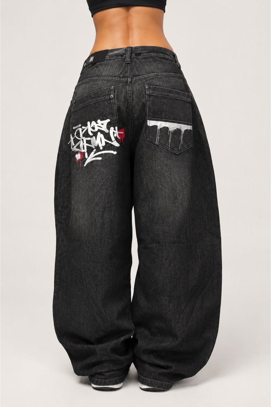 Siyah Grafiti Yıkamalı Harajuku Baggy Y2K Pantolon - None Wear