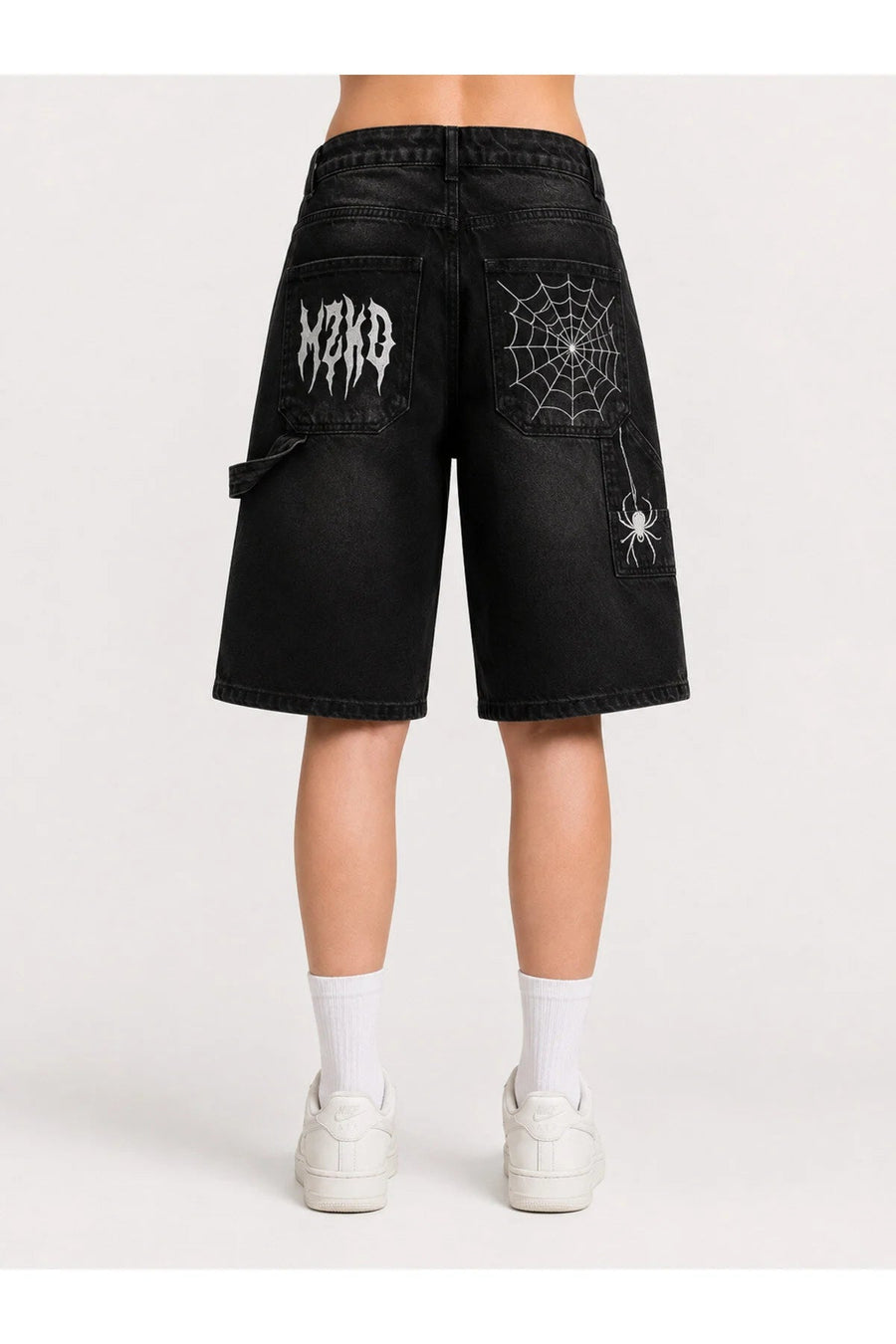Siyah Taşlamalı Beyaz MZKD Spider Y2K Baggy Unisex Şort - None Wear