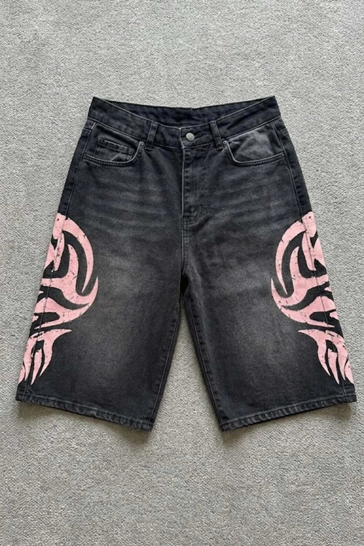 Siyah Taşlamalı Pembe Tribal Baskılı Y2K Unisex Baggy Şort - None Wear