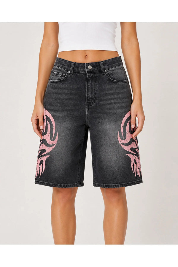 Siyah Taşlamalı Pembe Tribal Baskılı Y2K Unisex Baggy Şort - None Wear