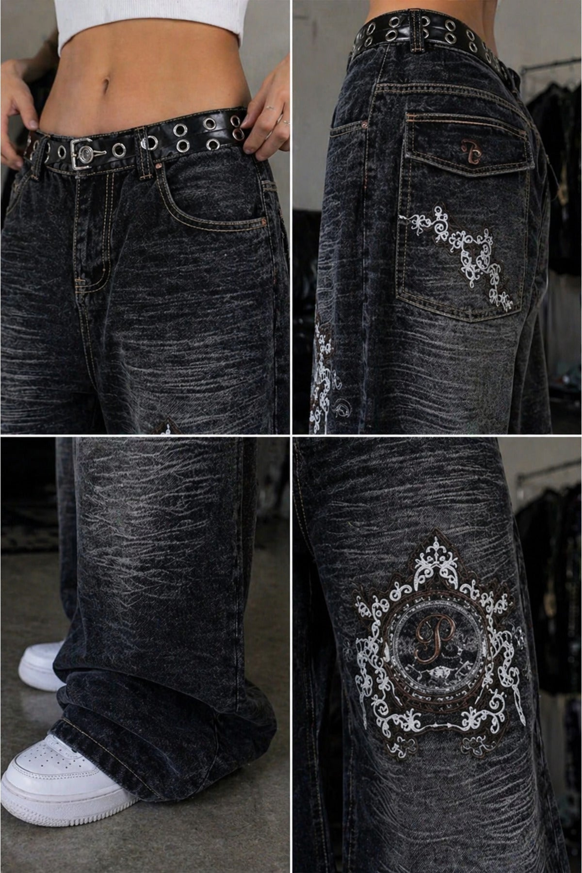 Siyah Yıkamalı P Patchli Vintage Baggy Y2K Pantolon - None Wear