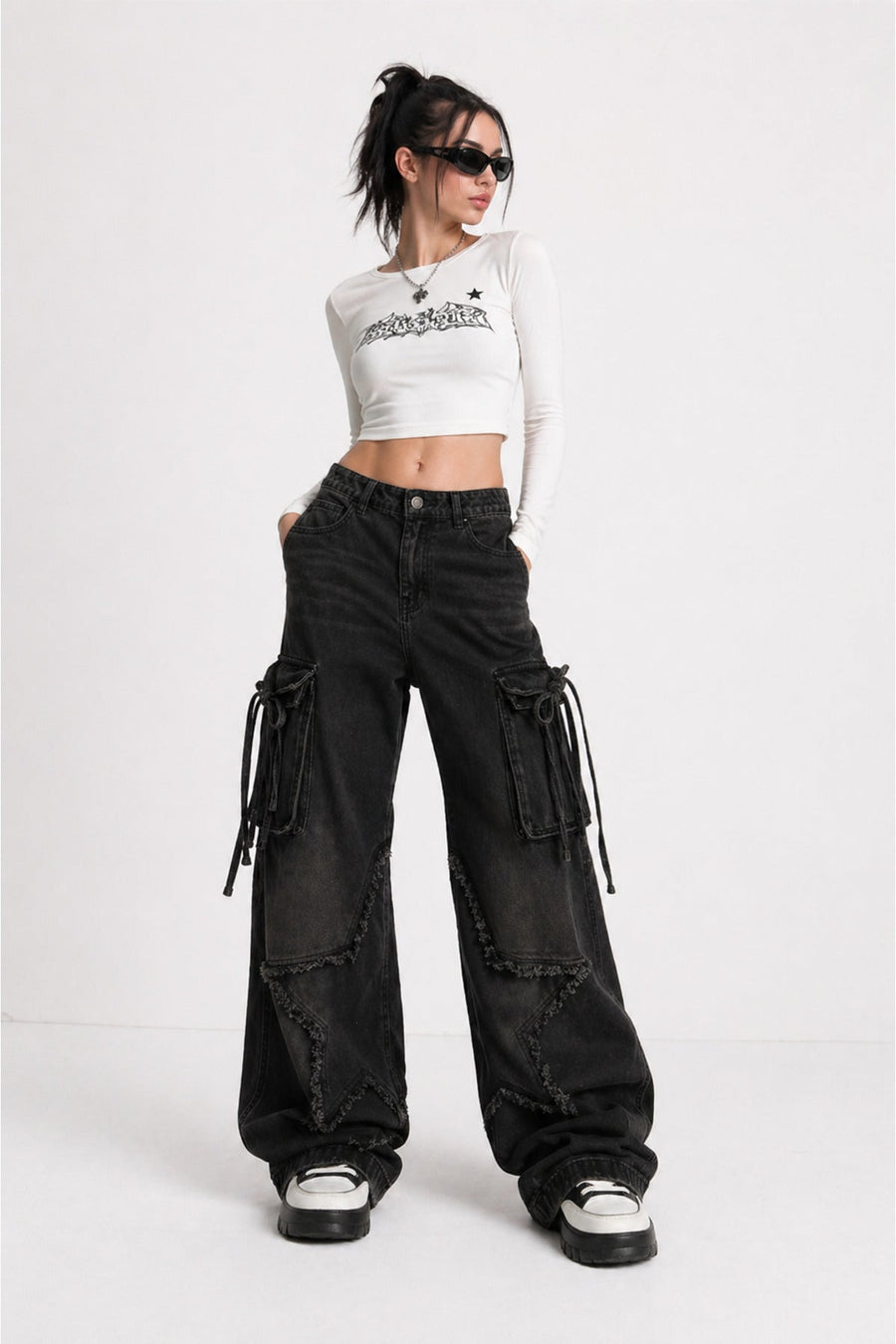 Siyah Yıldız Yamalı Vintage Kargo Cepli Baggy Kot Pantolon - None Wear