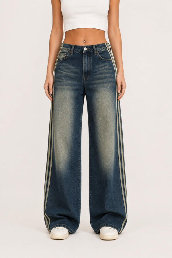 Tint Yıkamalı Yan Şerit Detaylı Baggy Jean Pantolon Y2K Wide Leg - None Wear